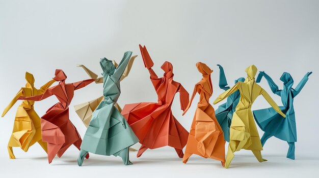 Фото Красочные фигуры оригами танцуют из бумаги на светлом фоне