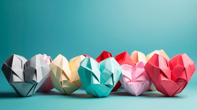 Colorful origami hearts on the table