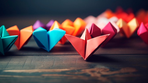 Colorful origami hearts on the table