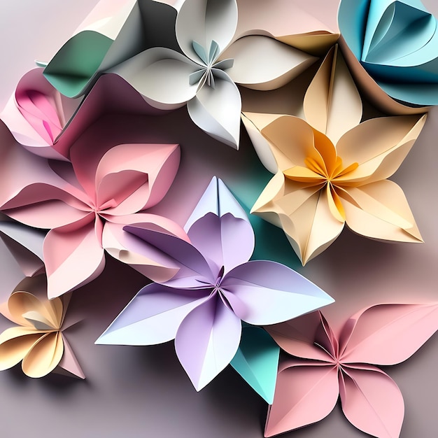 Colorful origami pastel color flowers Spring lilies paper petals Folded arts and crafts