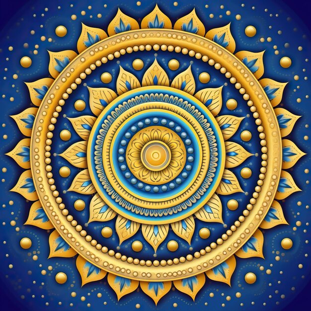 A colorful ornament with gold and blue circles and a blue background