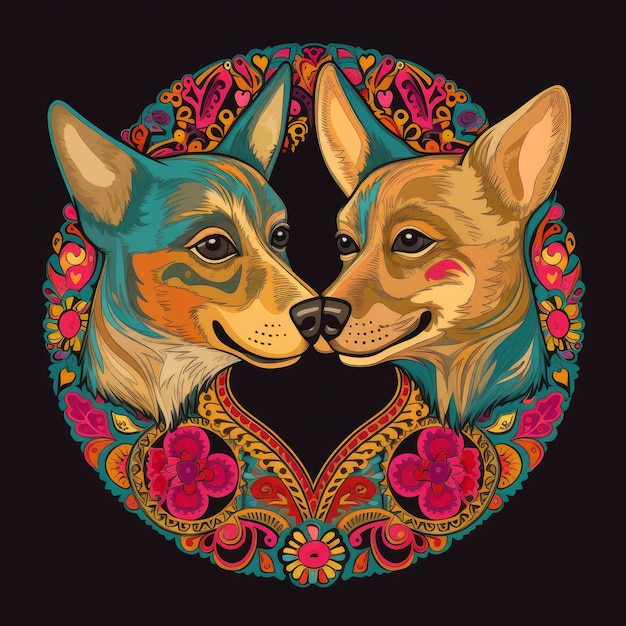 Colorful ornate portrait of dogs on black background generative AI