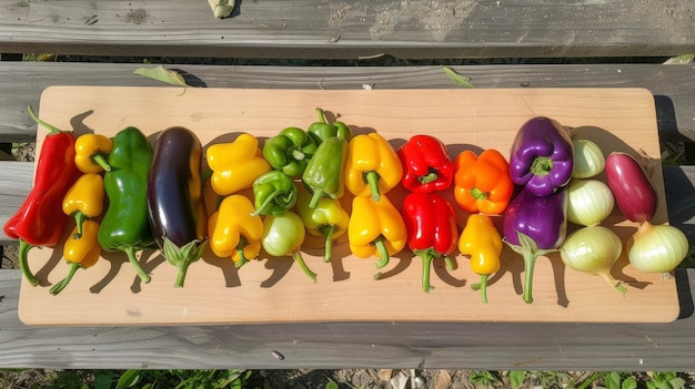 Photo a colorful ortment of bell peppers eggplants and onions laid out on a wooden ting board all freshly