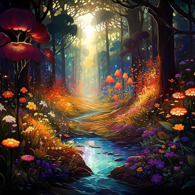 A colorful otherworldly forrest with glowing flowers