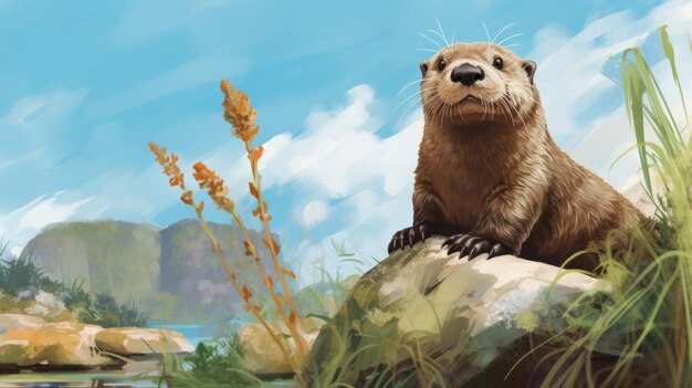 Colorful Otter Illustration on Cliff with Grass and Blue Sky