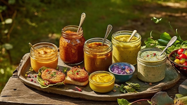 Colorful outdoor picnic ranch dipping sauce remoulade sauce and honey mustard sauce