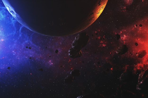 Colorful outer space with asteroids and planet