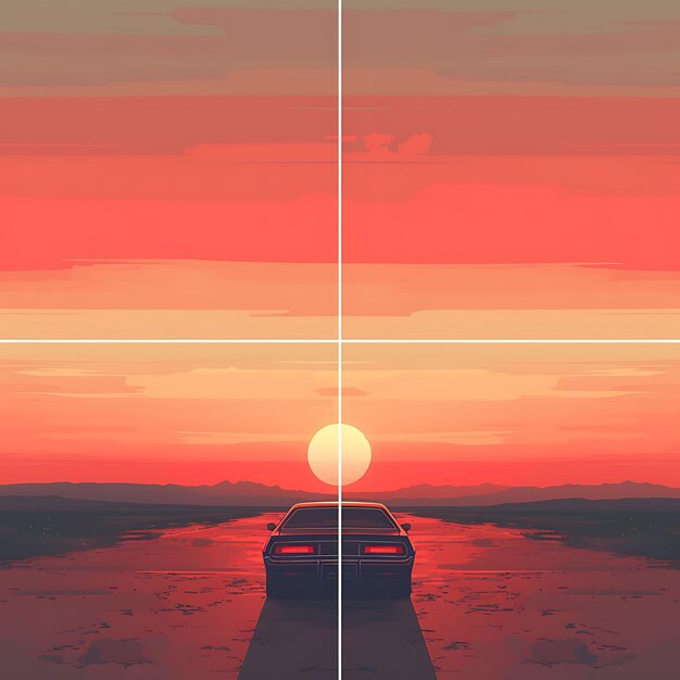 Foto colorful outrun sunset panoramas auto che attraversano l'orizzonte a twiligh illustrazione articolo di tendenza