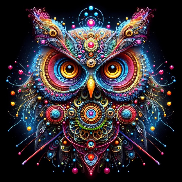 Colorful Owl Art Abstract Thread and Bead Illustration