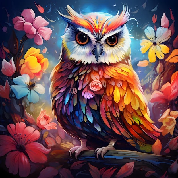 Photo colorful owl and flower painting glowing uhd image with vibrant color scheme and shiny eyes