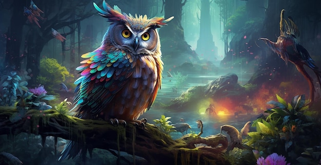 Photo colorful owl in the forest company