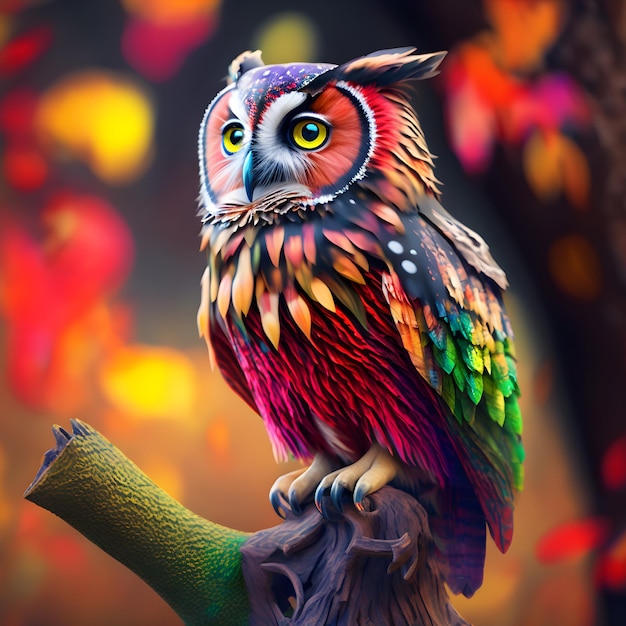 A colorful owl sits on a branch in a forest