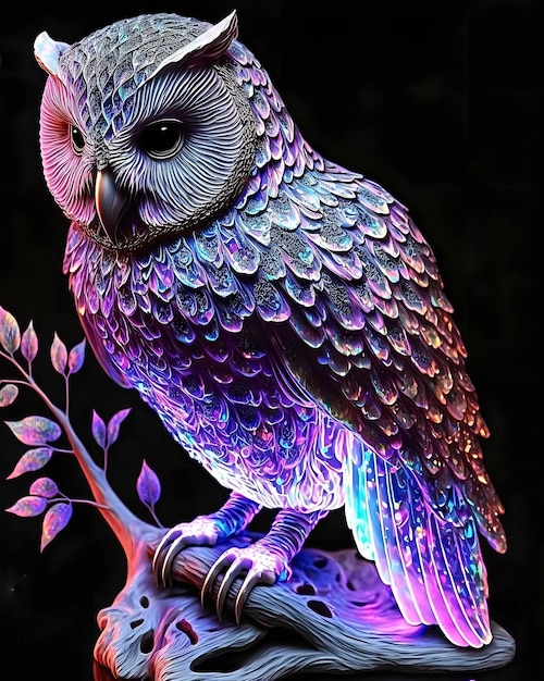 A colorful owl sits on a branch with a black background.