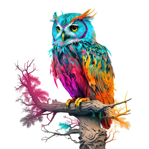 A colorful owl sits on a branch with the word owl on it.