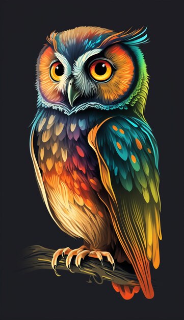 A colorful owl sits on a branch