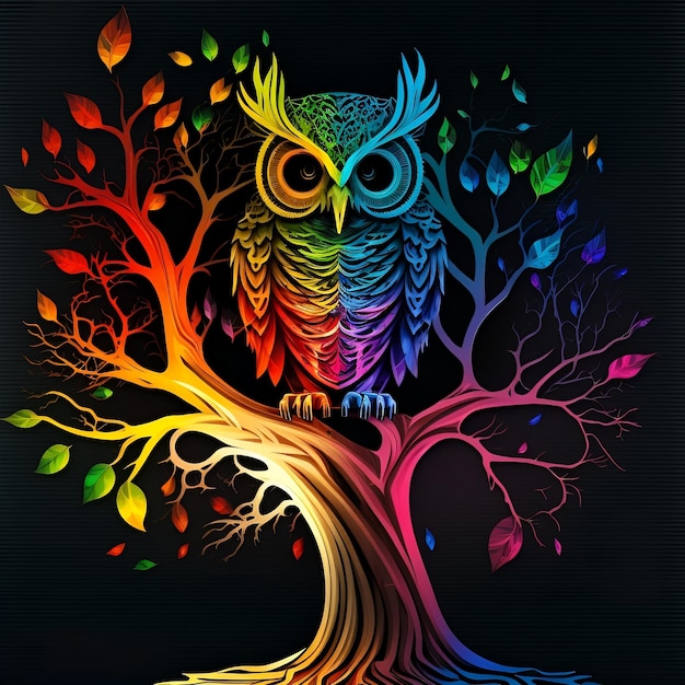 A colorful owl sits on a tree with the colors of the rainbow.