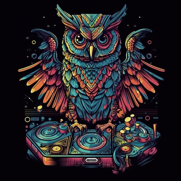 A colorful owl sitting on top of a turntable AI generative image