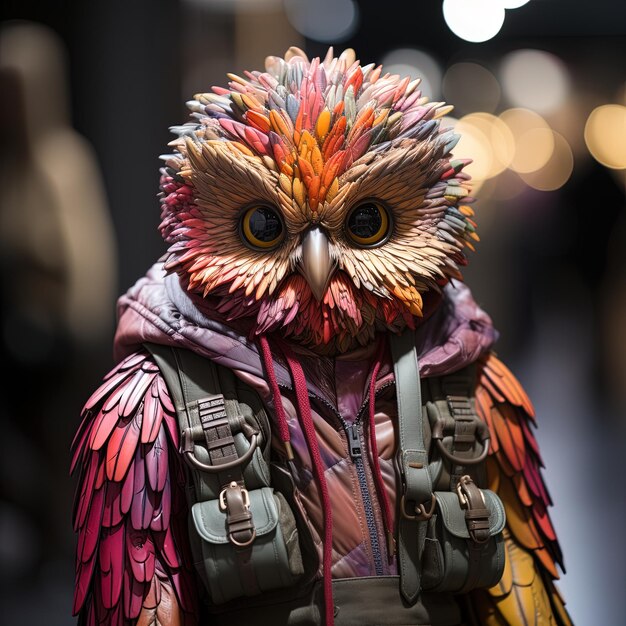 Photo a colorful owl statue with a colorful wings