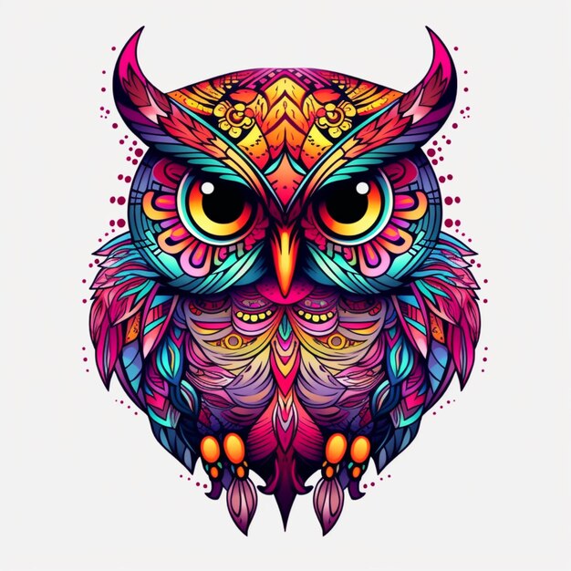 A colorful owl with big eyes and a colorful pattern on its face generative ai