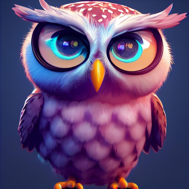 A colorful owl with big eyes is sitting on a blue background.