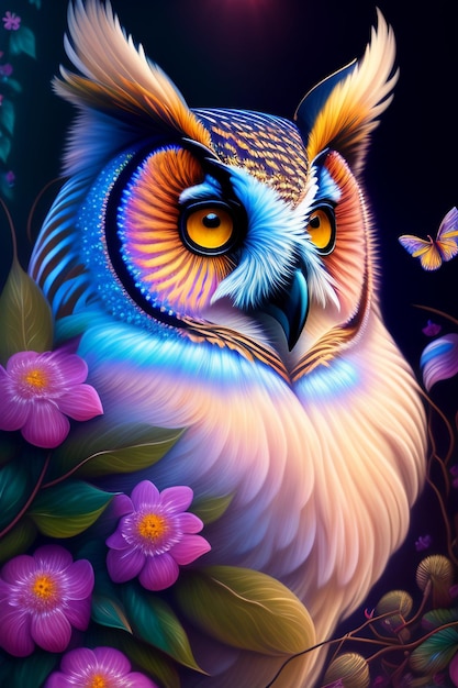 A colorful owl with a black background and butterflies.