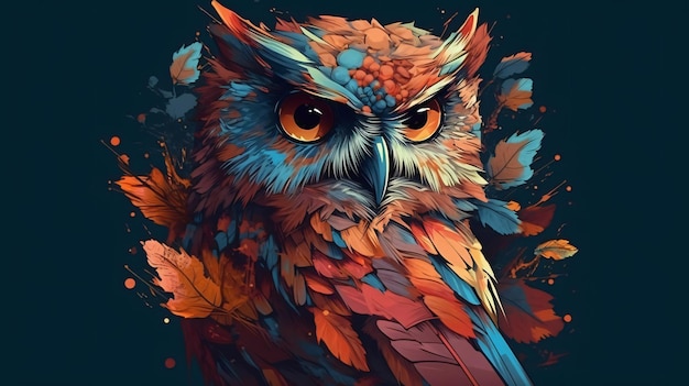 A colorful owl with a black background