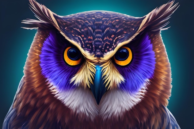 A colorful owl with blue eyes AI Generative