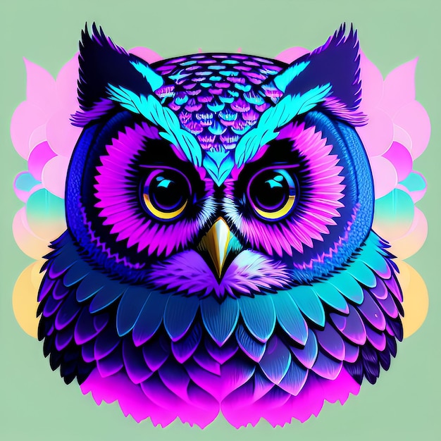 A colorful owl with a blue and green face and yellow eyes.
