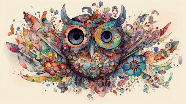 A colorful owl with colorful flowers and a large eye.