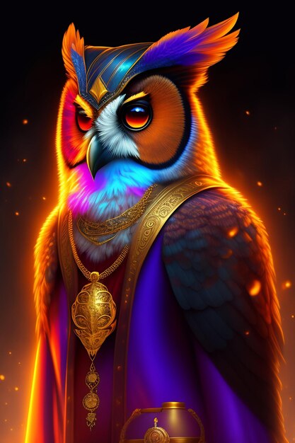 A colorful owl with a crown