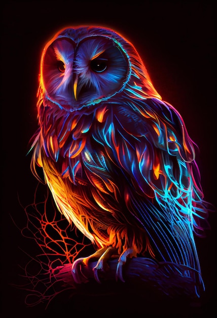 A colorful owl with flames on its face