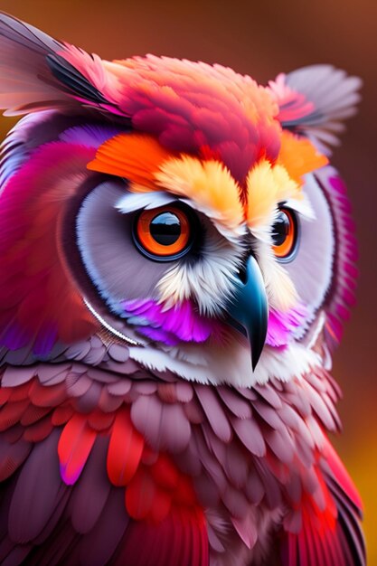 A colorful owl with a large head and a large eye on the back