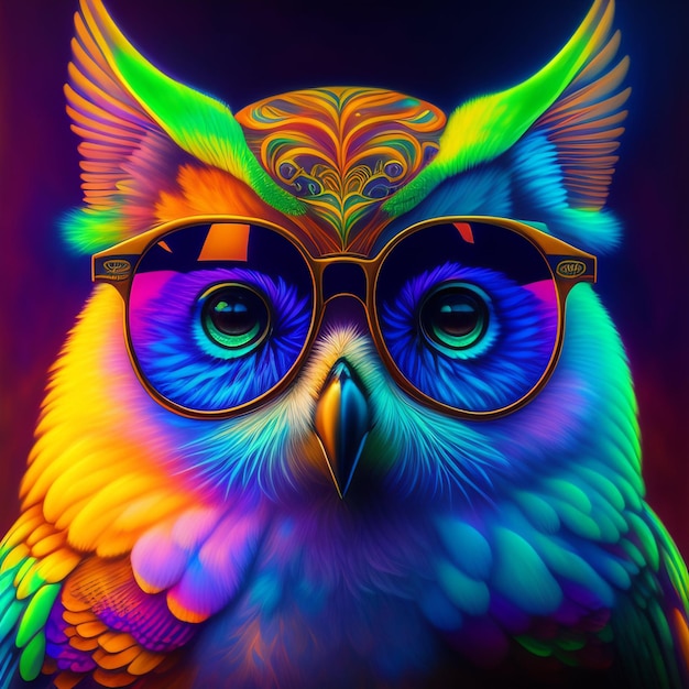 A colorful owl with orange eyes