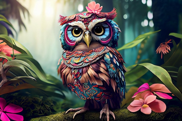 A colorful owl with a pink flower on its head sits on a branch.