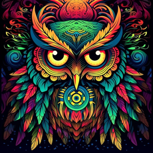 A colorful owl with a psychedelic look on its face generative ai