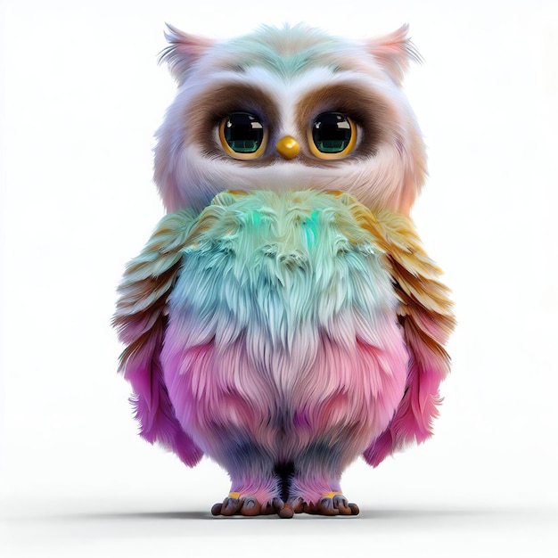 A colorful owl with a white background and a pink and blue eye.