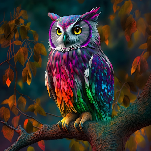 A colorful owl with yellow eyes sits on a branch.