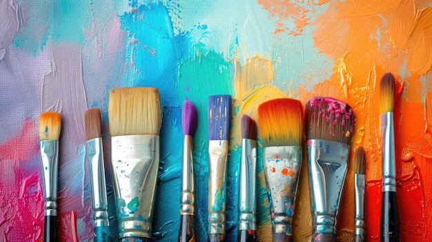 Colorful paint brushes lined up against an abstract backdrop symbolizing the tools of