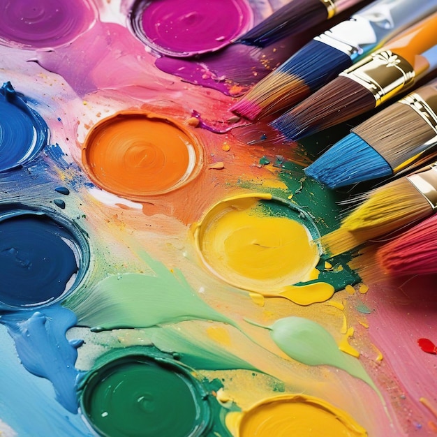 Colorful paint cans on a blue wooden background closeup