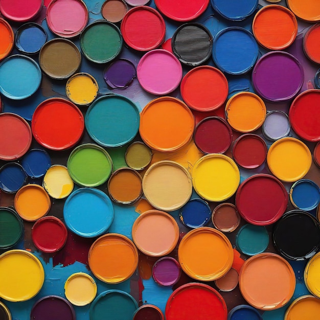 Colorful paint cans on a blue wooden background closeup