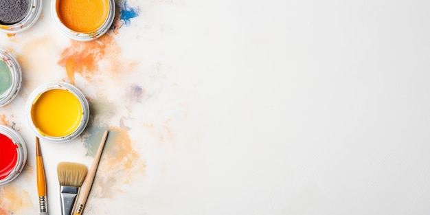 Photo colorful paint cans and brushes flat lay