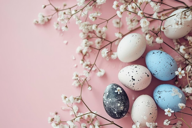 Colorful paint eggs with cherry blossoms on pink background