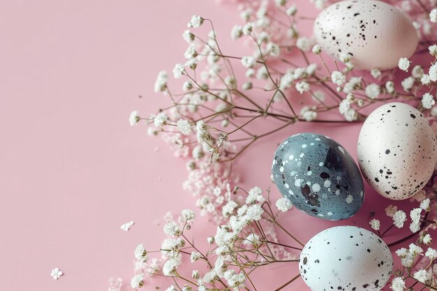 Colorful paint eggs with cherry blossoms on pink background