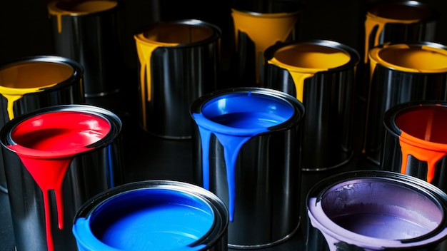 Colorful paint of a metal bucket. top view