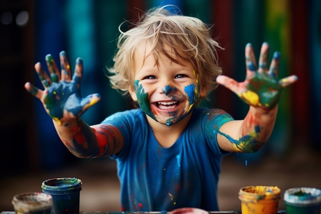 Colorful Paint Play Messy Hands of Toddler Boy Generative AI