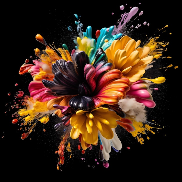 Colorful paint splash forming into shape of flower bouquet