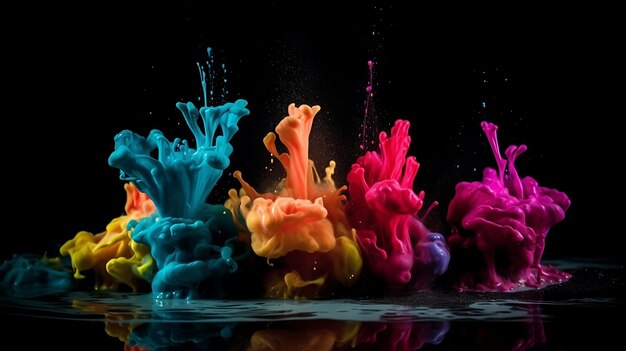 Colorful paint splashes in a black background