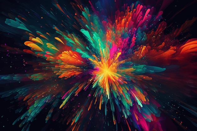 Colorful paint splashes Explosion of colored powder on black background gulal or abeer or Holi powder Abstract closeup dust on backdrop Generative AI