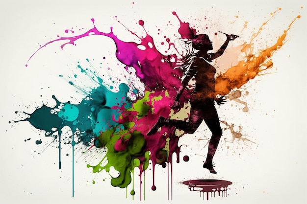 Colorful paint splashes with a woman running and the word sport on it.