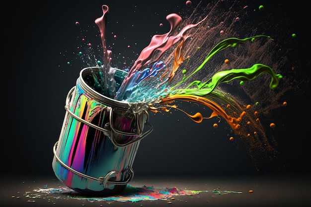 Foto vernice colorata che schizza dal secchio illustrazione dell'ia generativa